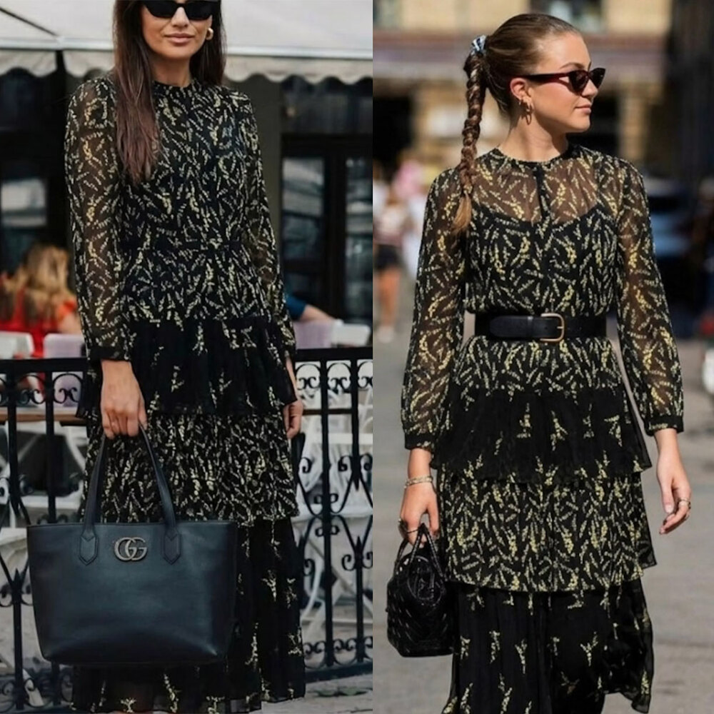 ba&sh Morris Floral Tiered Midi Dress Black Yellow Size S / US 6